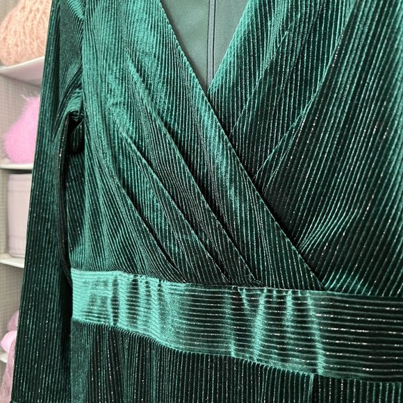Badgley Mischka – Velvet Metallic Pinstripe Faux Wrap Dress – Emerald Green - Picture 3 of 8